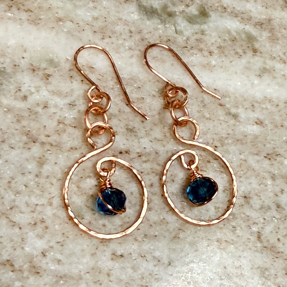 Hammered Copper Spiral Earrings With London Blue Swarovski Crystals